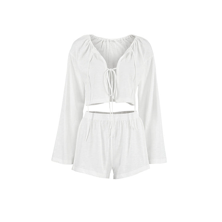 Spring White Pure Cotton Cardigan Lace up Ladies Homewear Casual Long Sleeve Shorts Pajamas Two Piece Set