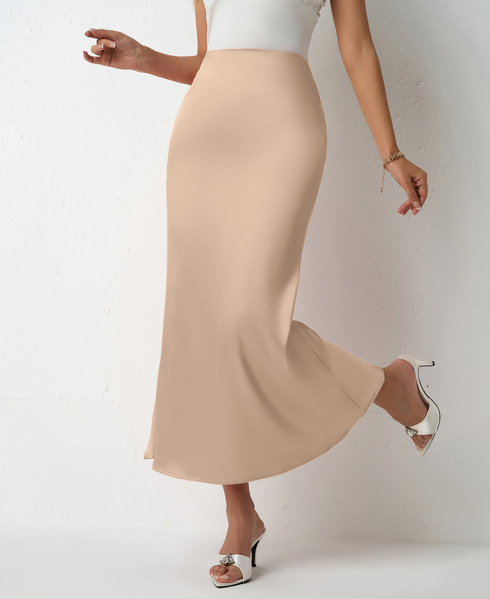 Women Clothing Spring Summer Slim Satin Skirt Satin Mid Length Sheath Fishtail Skirt