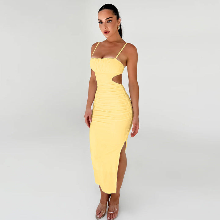 Women Cami Dress Sexy Backless Ruffle Hip Side Slit Maxi Dress