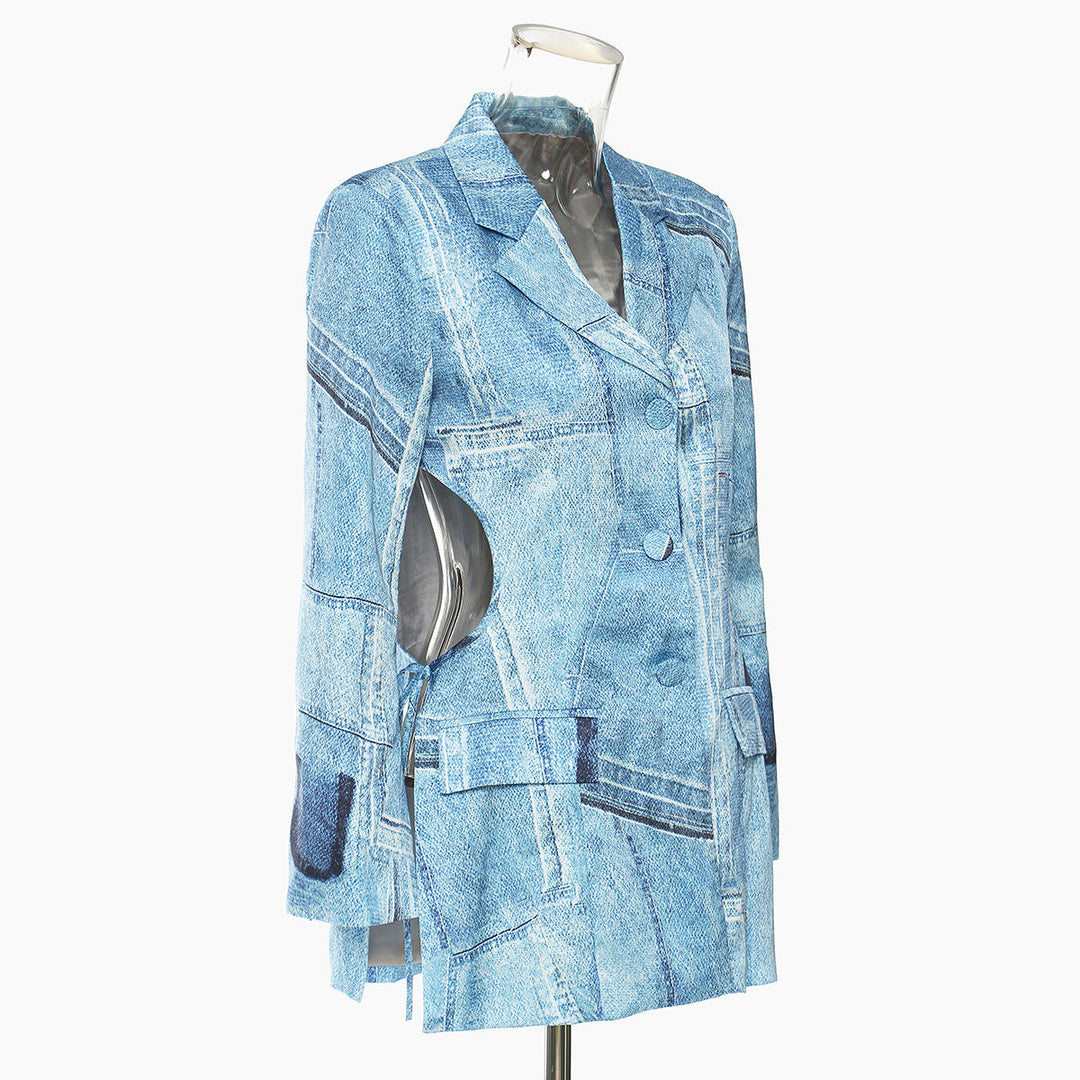 Fall Winter Cowboy Graffiti Printing Satin Material Cropped Outfit Blazer