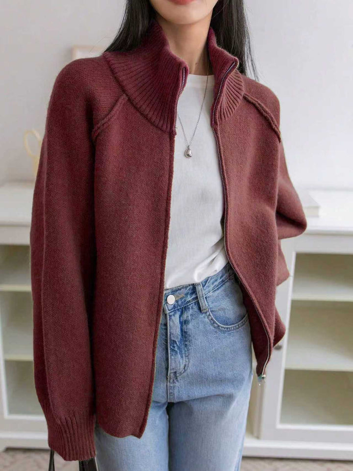 Lazy Sweater Coat Women Autumn Winter Korean Solid Color Stand Collar Zipper Knitted Cardigan Top