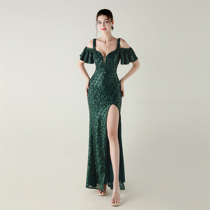 Bead Tube Sequin Heavy Industry Evening Dress Short Sleeve off the Shoulder Deep V Plunge High Slit Fishtail Dress Cocktail Socialite