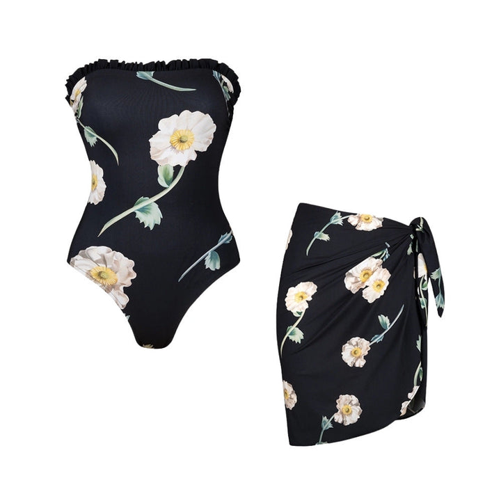 Swimsuit Wooden Ear Tube Top Floral One Piece Swimsuit Set Women