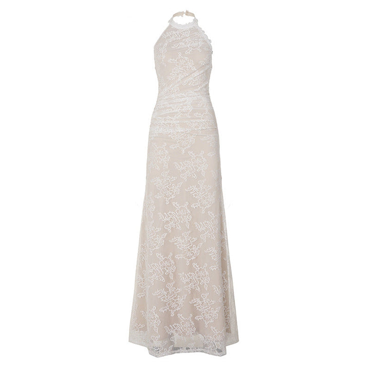 French Elegant Lace Stitching Ruffle Fitted Waist Backless Halter Dress Sexy Slim Vest Maxi Dress for Women