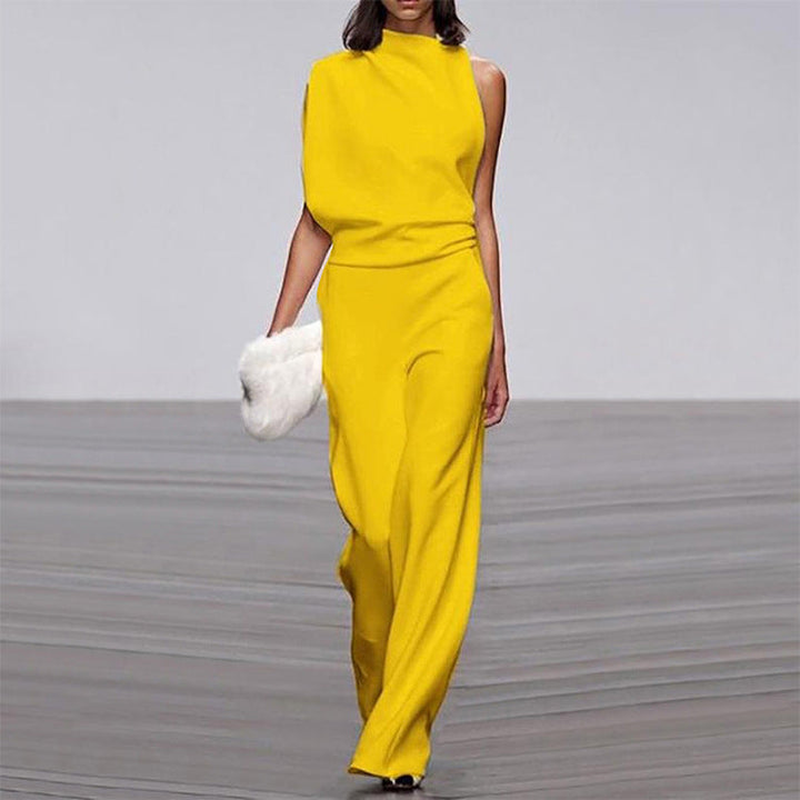 Women Pants Solid Color One Shoulder Pile Collar Jumpsuit Popular Dress Trousers