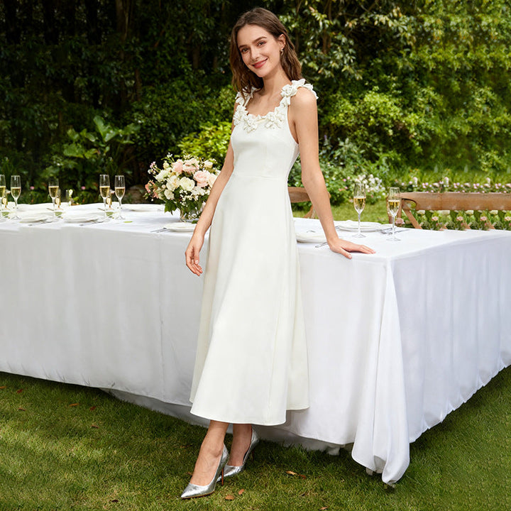 Fall Elegant Elegant Sweet Heavy Industry Three Dimensional Floral Long Patchwork Strap Dress for Women