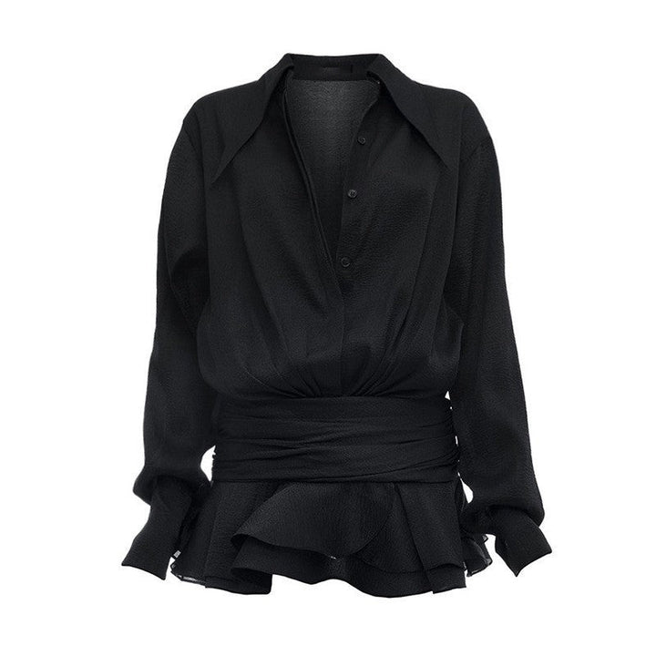 Dress Women Summer Polo Collar Solid Color Mesh Pleated Slim Design Long Sleeve Short Dress