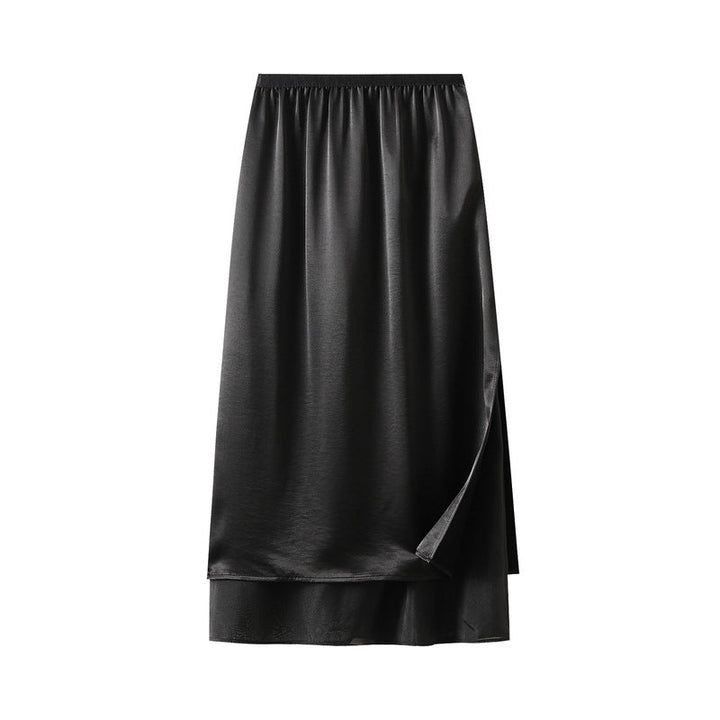 False Two Piece Patchwork Design Split Satin Skirt Women Mid Length Summer Long Skirt