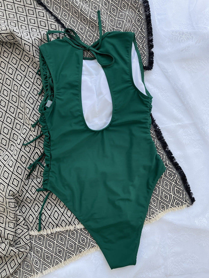 Drawstring Lace-up Sexy Bikini Solid Color Pleated Swimsuit Crisscross