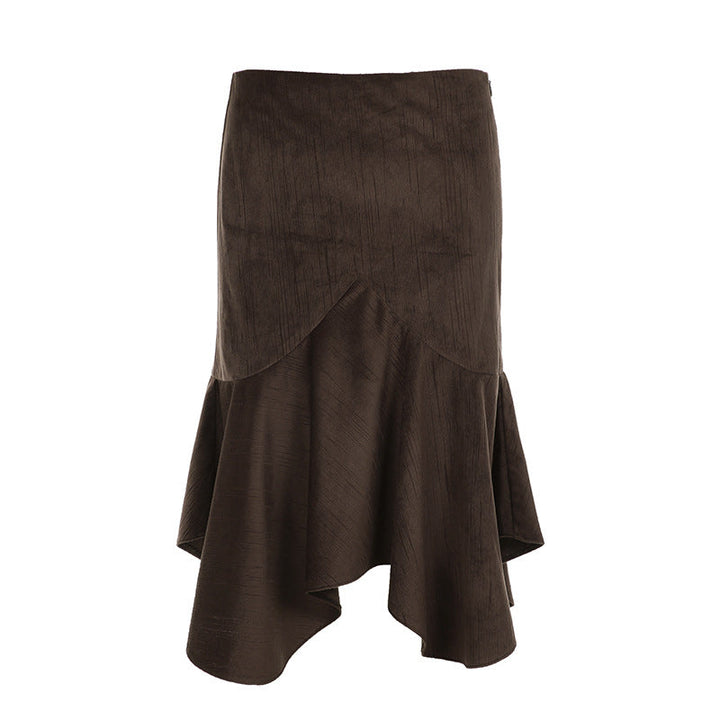 Maillard Women Autumn Winter Retro Brown Mid Length with Irregular Asymmetric Design