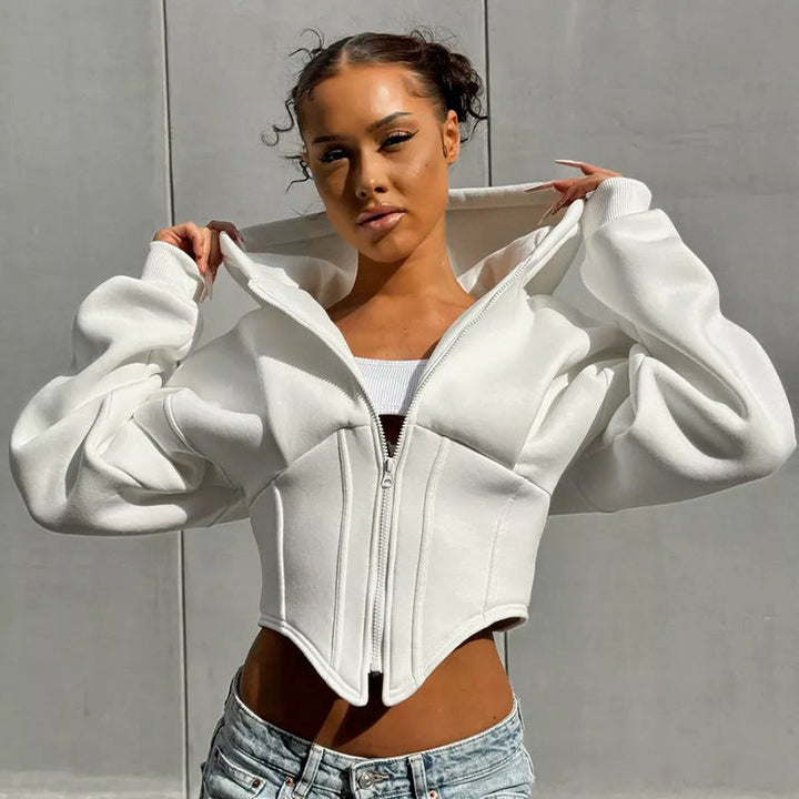 Women Autumn Winter Casual Zipper Long Sleeve Hooded Cardigan Cropped Coat Top