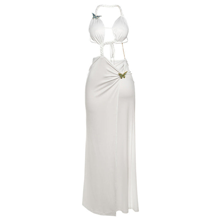 Summer Sexy Backless Lace up Maxi Dress Split Halter Dress