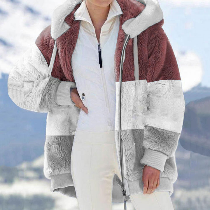 Autumn Winter Warm Plush Patchwork Zipper Pocket Hooded Loose Coat Women