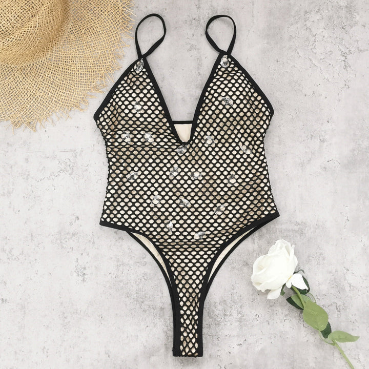 Sleeveless Strap Tube Top One Piece Swimsuit Women Sexy Solid Color Mesh Hollow Out Cutout Rhinestone