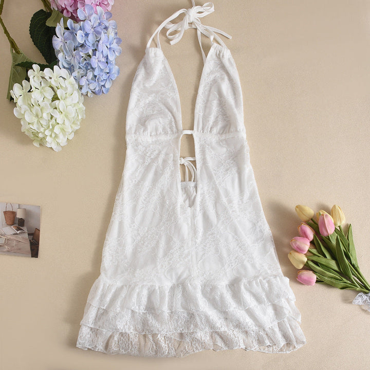 Sexy Women Clothing Dress Autumn Lace up Lace Cake Type Backless Sexy