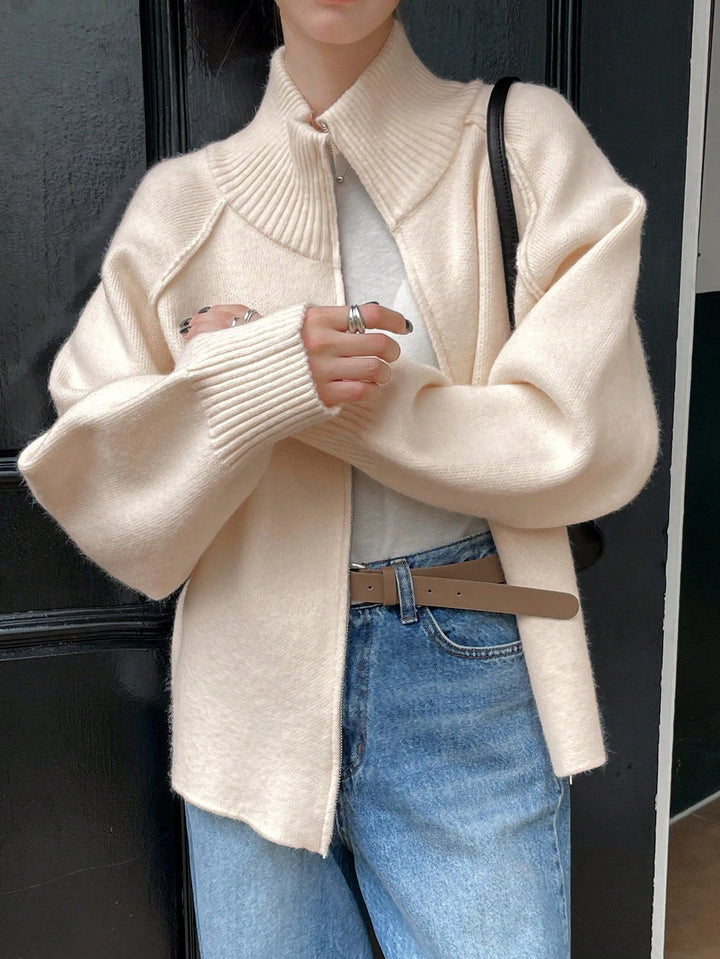 Lazy Sweater Coat Women Autumn Winter Korean Solid Color Stand Collar Zipper Knitted Cardigan Top