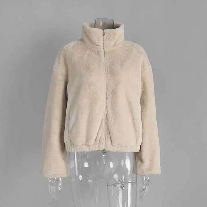 Stand Collar Plush Coat Autumn Winter with Zipper Furry Coat Warm Plush Coat for Women