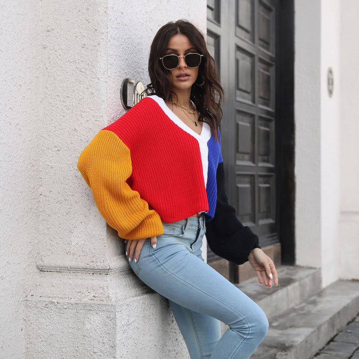 Color Stitching Knitted Cardigan Contrast Color Sweater Women Loose Long Sleeve Short Coat Women Clothing