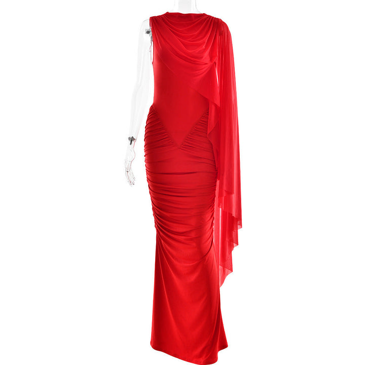 Fashionable Pleated Mesh Shawl Dress Sexy Sheath round Neck Slim Dress