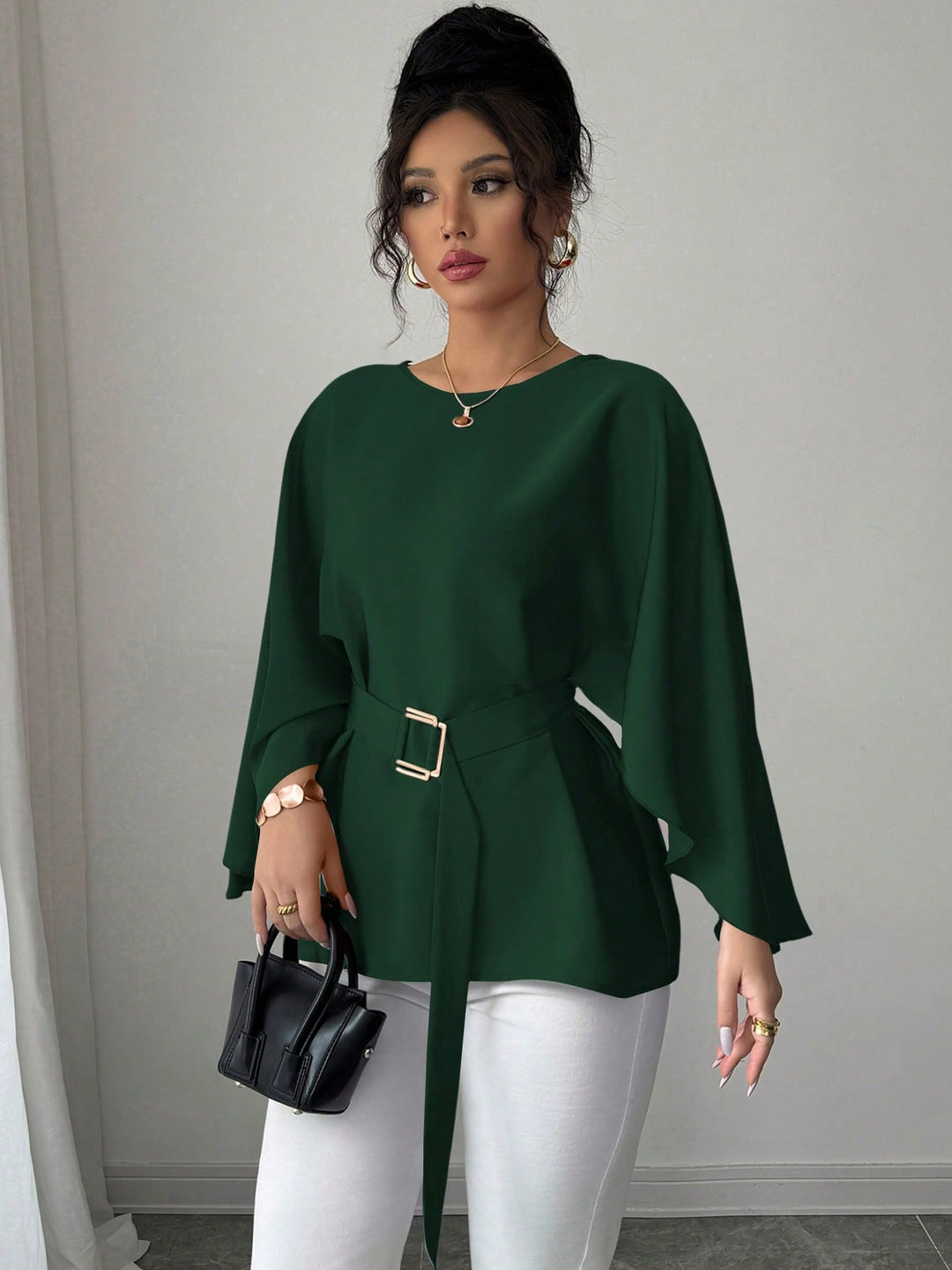 French Retro Trumpet Sleeve Round Neck Elegant Slimming Sense Design Top