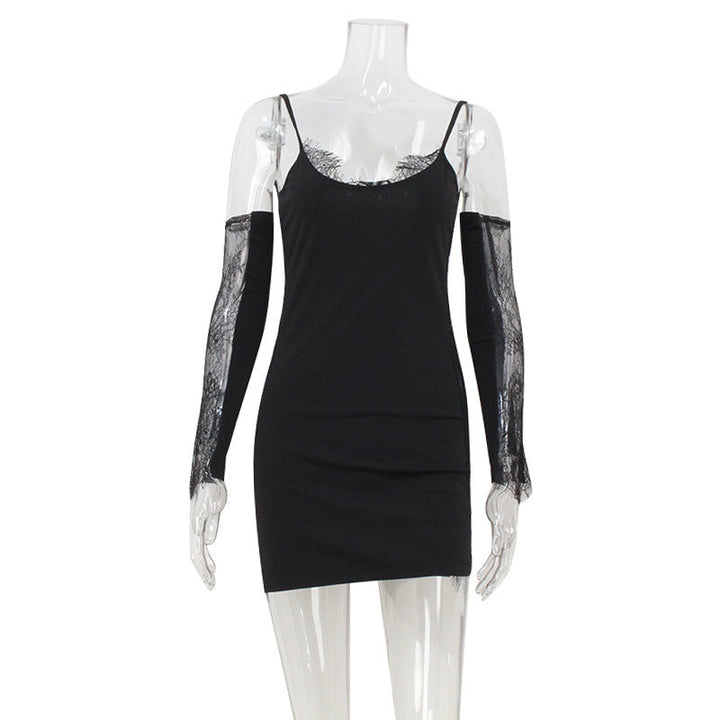 Women Clothing Sexy Lace Stitching Sexy Close Fitting Slim Fitting Sling Dress with Oversleeves