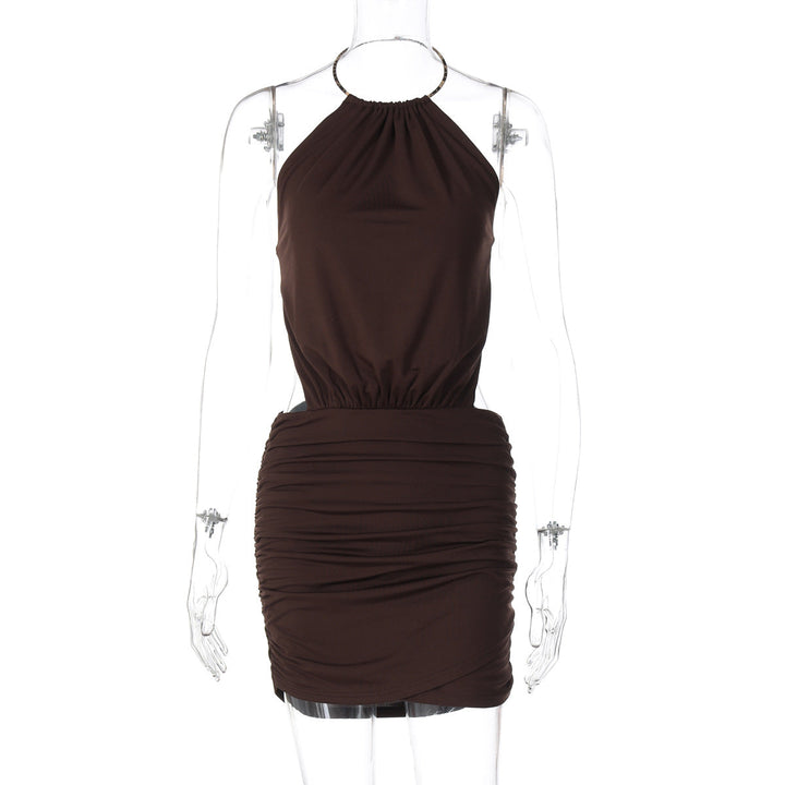 Summer Metal Ring Halter Exposed Back Sexy Slim Sheath Solid Color Dress