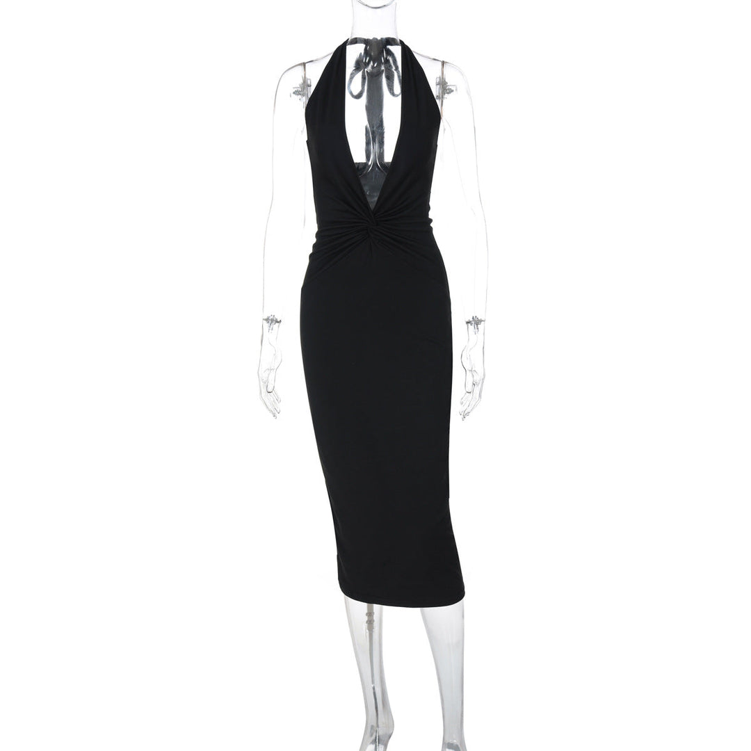 Sexy Deep V Plunge neck Sleeveless Solid Color Backless Street Sheath Mid Length Halter Dress Women Clothing
