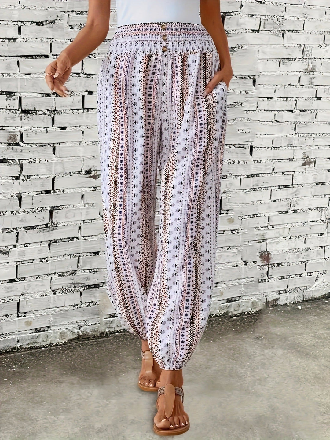 Spring Summer Women Clothing Bohemian Ethnic Print Loose Slimming Draping Effect Elastic Waist Ankle Tied Casual Pants