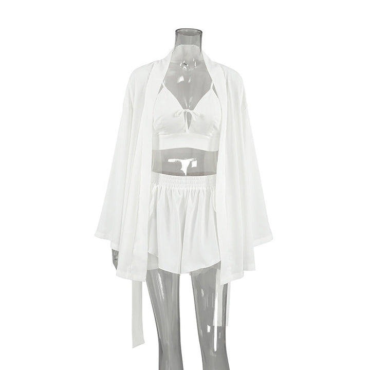 Summer Chiffon Long Sleeved Sexy Underwear Slit Shorts Three Piece Pajamas Cool Feeling Home Wear