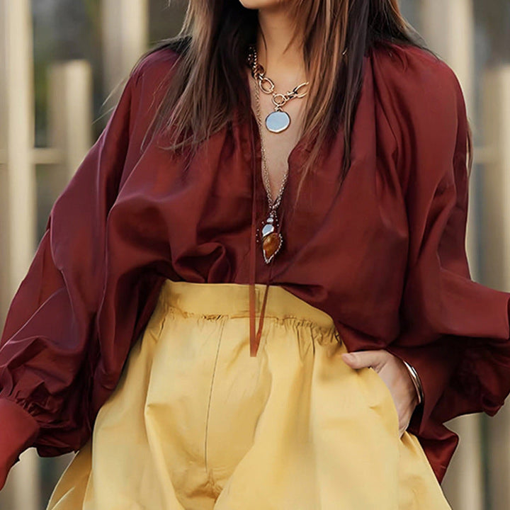 Autumn Ladies Loose Solid Color V neck Long Sleeve Casual Top