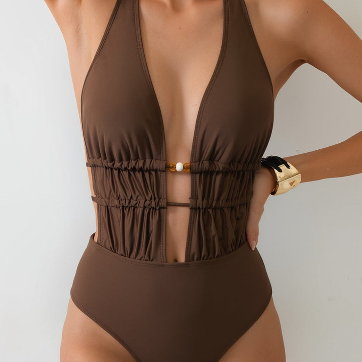 Bikini Solid Color Lace up One Piece Sexy Backless Siamese Bikini Swimsuit