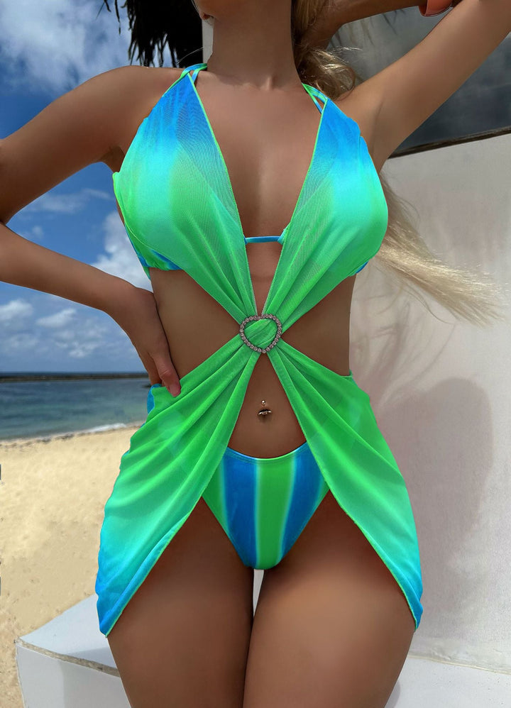 Striped Gradient Love Tulle Skirt Three Piece Sets Swimwear Swimsuit Bikini
