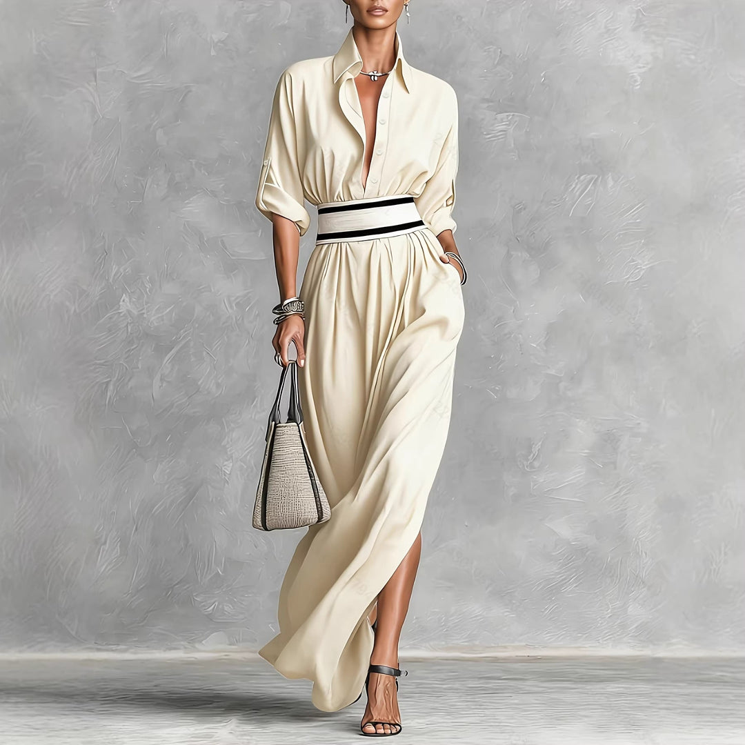 Women Clothing Draping Effect High Slit Maxi Dress Lapels Single Breasted Long Sleeve Dress