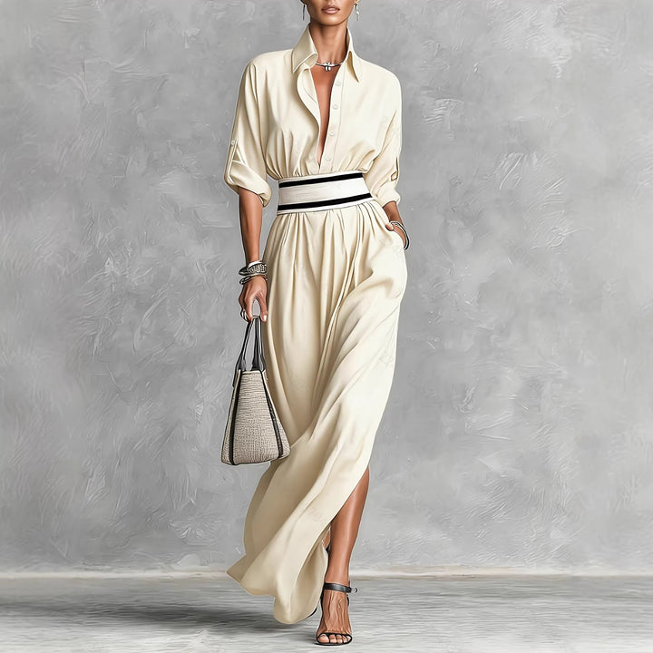 Women Clothing Draping Effect High Slit Maxi Dress Lapels Single Breasted Long Sleeve Dress