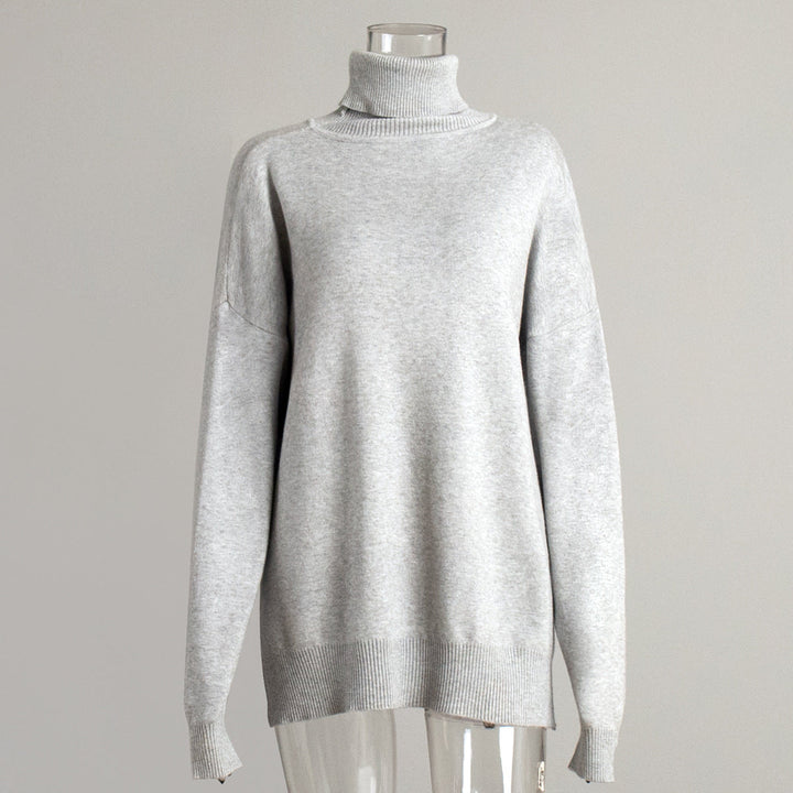 Turtleneck Sweater Women Autumn Winter Casual Sweater Slit Loose Solid Color Knitted Sweater