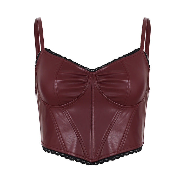 Lace Stitching Leather Vest Women Trendy Sexy Short Split Chest Strap