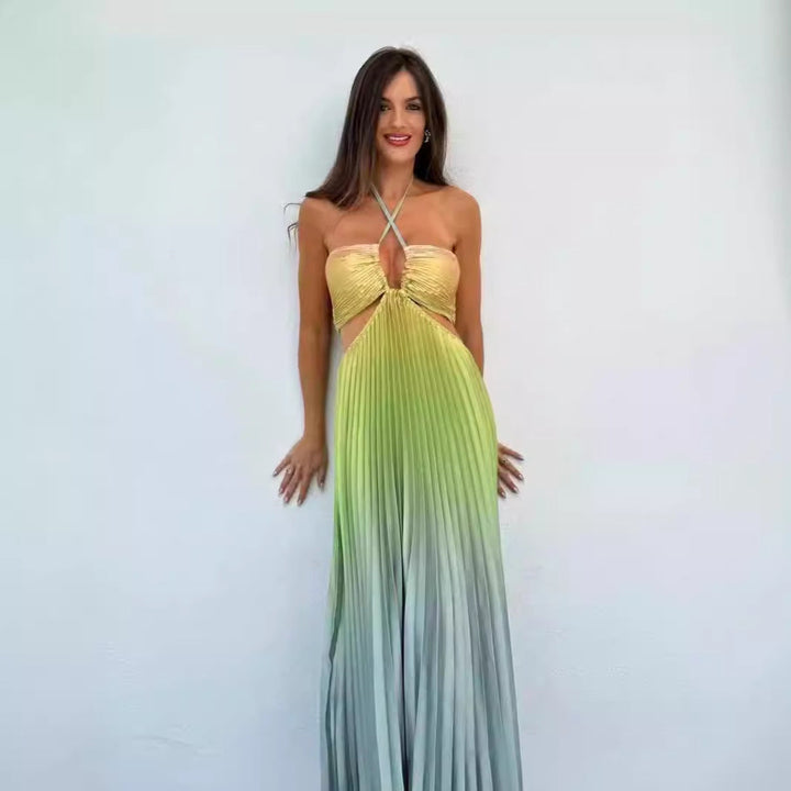 Personalized Summer Gradient Color Halter Pleated Long Women Dress