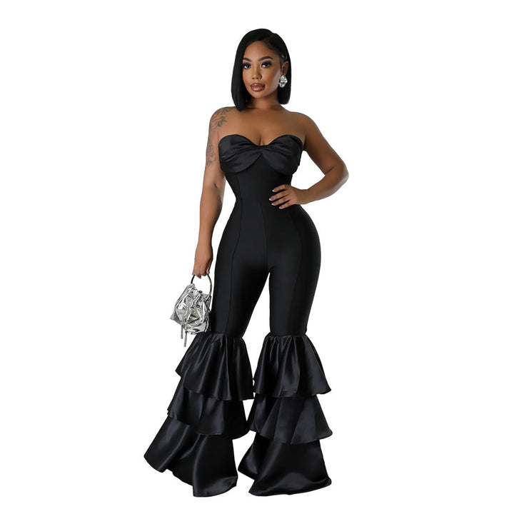 Sexy Tube Top Solid Color Pleated Lace Jumpsuit for Women