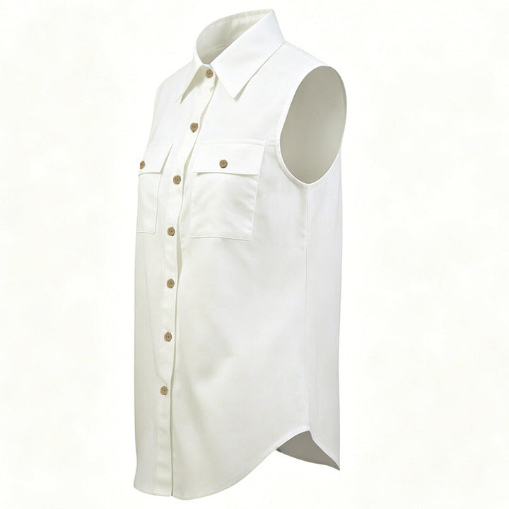 French Casual Cotton Linen Sleeveless Shirt Women Summer Collared Double Pocket Loose Shirt Vacation Top