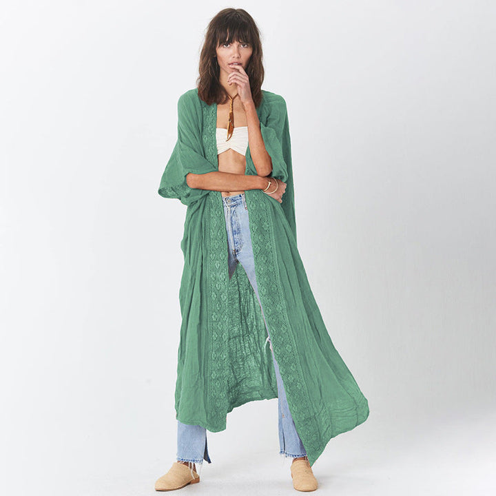 Rust Red Lace Cardigan Loose Beach Sun Protection Coat Beach Cover Up Swimsuit Outwear Women