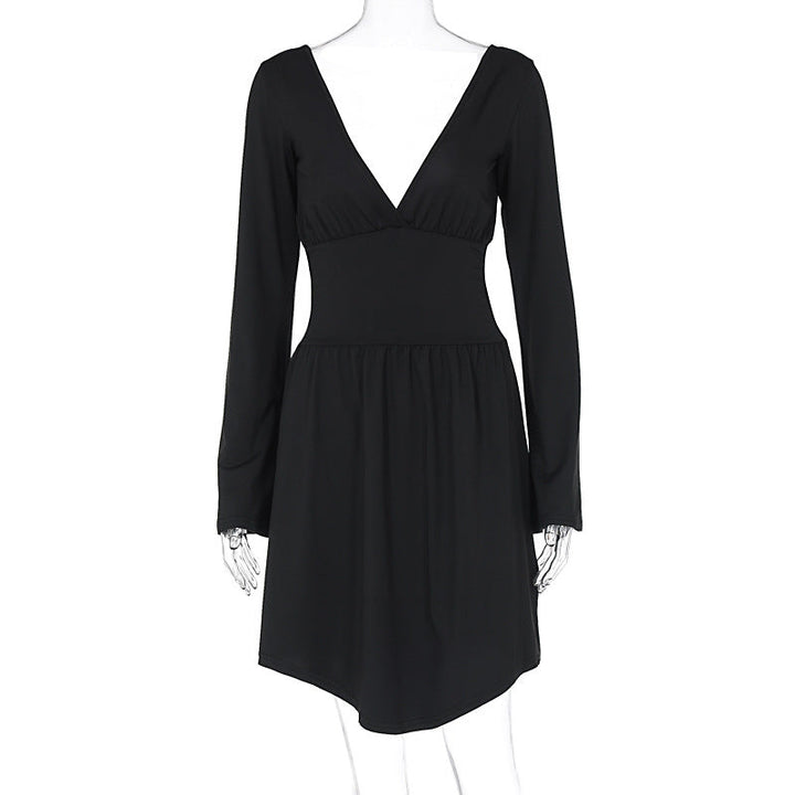 Women Clothing Autumn Sexy Backless Waist Trimming French V neck Long Sleeve Dress Sexy Sheath