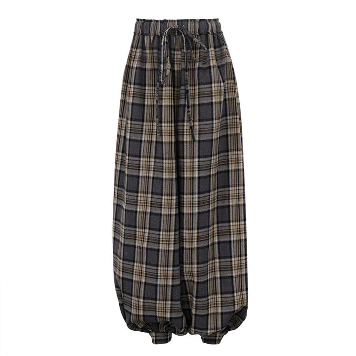 Women Clothing Retro Plaid Casual Pants Simple Lace up Loose Fit Tappered Trousers
