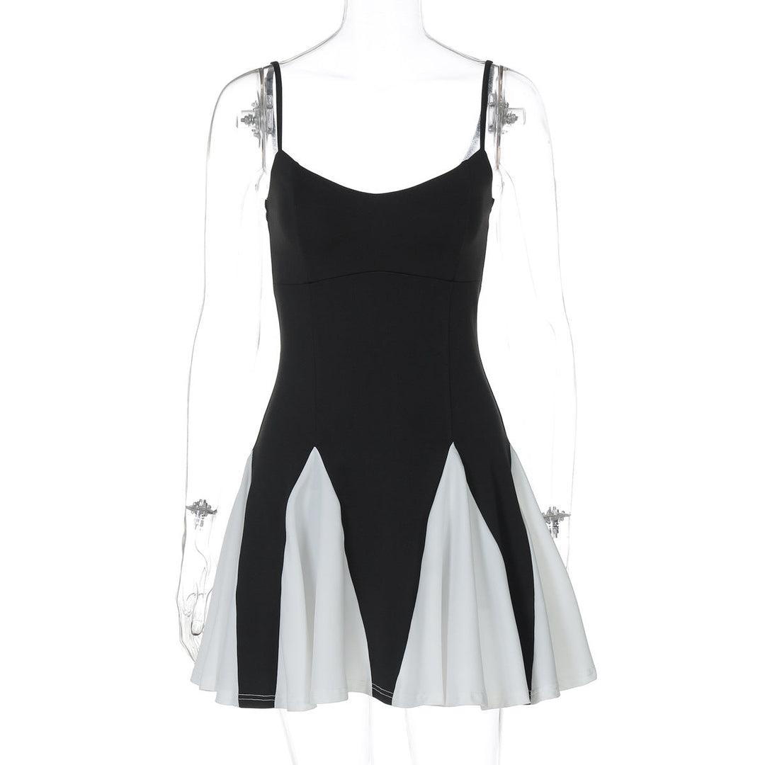 Color Contrast Patchwork Short Dress Summer Suspenders Backless Pleated Dress