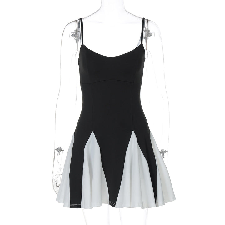 Color Contrast Patchwork Short Dress Summer Suspenders Backless Pleated Dress