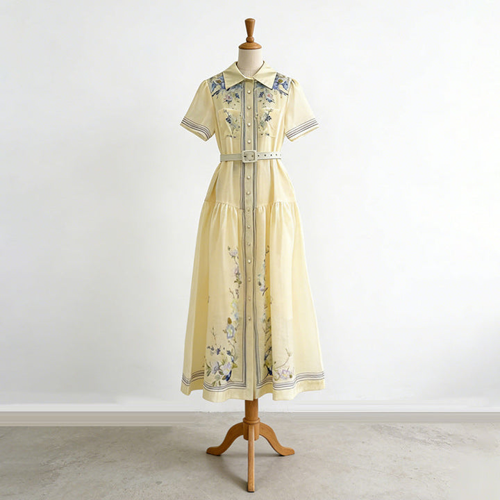 Royal Collared Single Breasted Maxi Dress Elegant Vintage Print Lace up Waist Dress Women