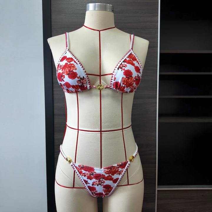 Rose Printed Lace up Split Swimsuit Women Sexy Floral Low Waist Bikini