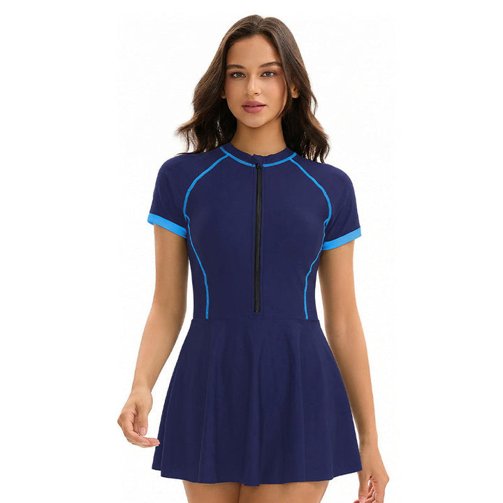Dress Siamese Triangle Swimsuit Women Short Sleeve Conservative Sun Protection Sports Swimsuit