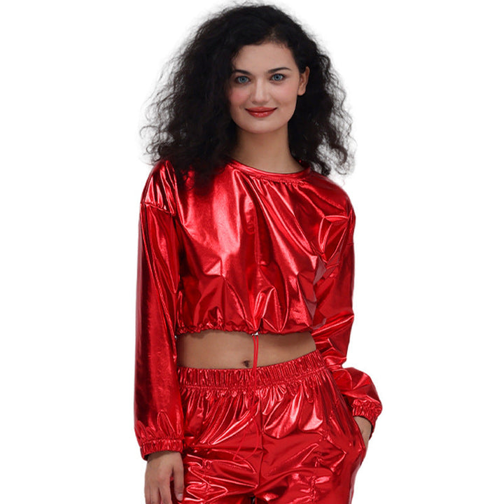 Bronzing Bright Leather Sexy Cropped Long Sleeve Hooded Pullover Short Drawstring Sweatshirt