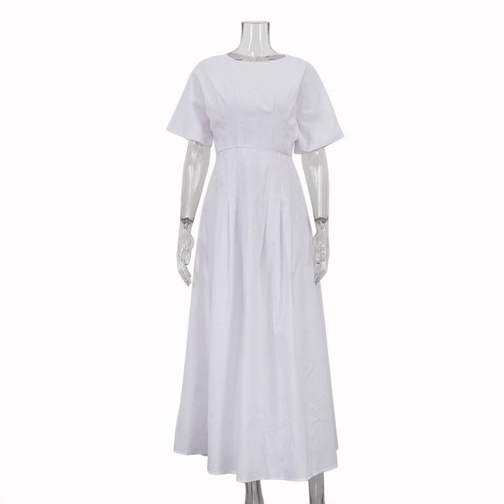 Women Clothing Simple Casual A line Dress Cotton round Neck Short Sleeve Waist Controlled Dress
