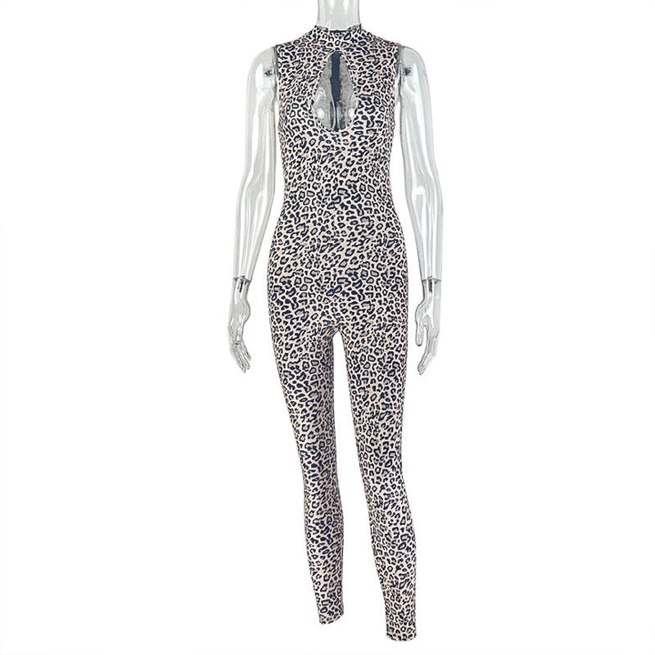 Niche Personality Women Printed Leopard Print Jumpsuit Hollow Out Cutout Slim Sheath Long Jumpsuit